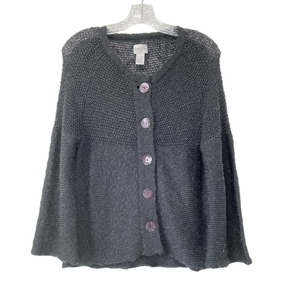 Chico's Sweaters - Chicos Open Knit Black Linen Cardigan Sweater‎ Sz M 1 Boho Folk Flirty Cozy Chic